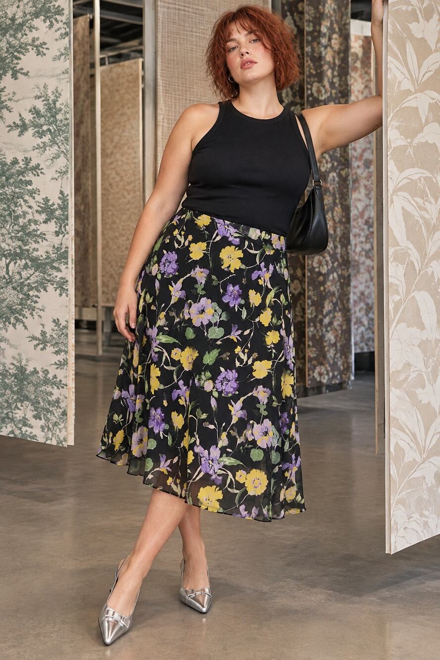 Studio Works Size 16 Black Floral Sheer Overlay Midi Skirt